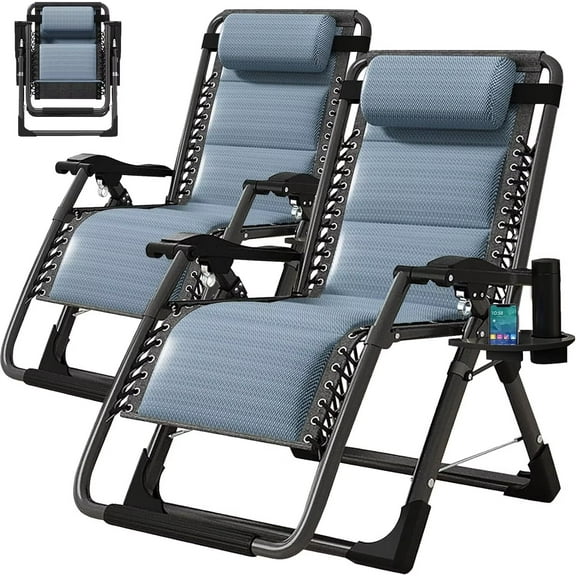 MOPHOTO 2 Pack Zero Gravity Chair Support 440lbs for Backyard Beach, Foldable Reclining Lounge Chair with Headrest & Cup Holder for Indoor Outdoor, Patio Recliner Folding Reclining Chair
