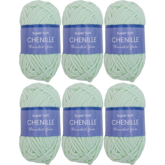 6 Pack ThreadArt Chenille Yarn for Crocheting, Knitting, Amigurumi, Super Soft Plush Velvet Yarn - 50 Gram 60 yds #5 Fluffy Yarn Skeins - Seafoam