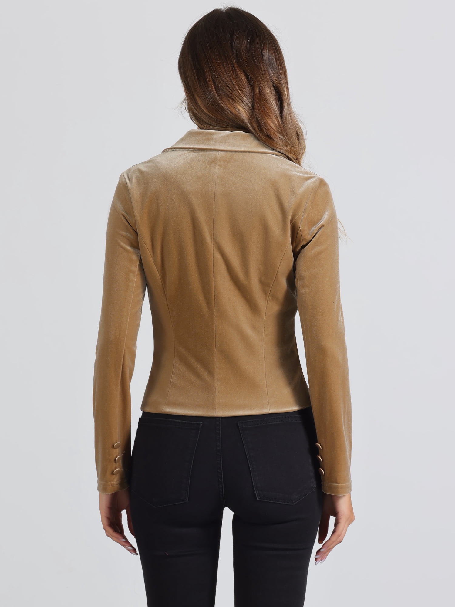 DARING DIVA Women's Button Front Velvet Blazer Lapel Crop Suit Jacket S Khaki
