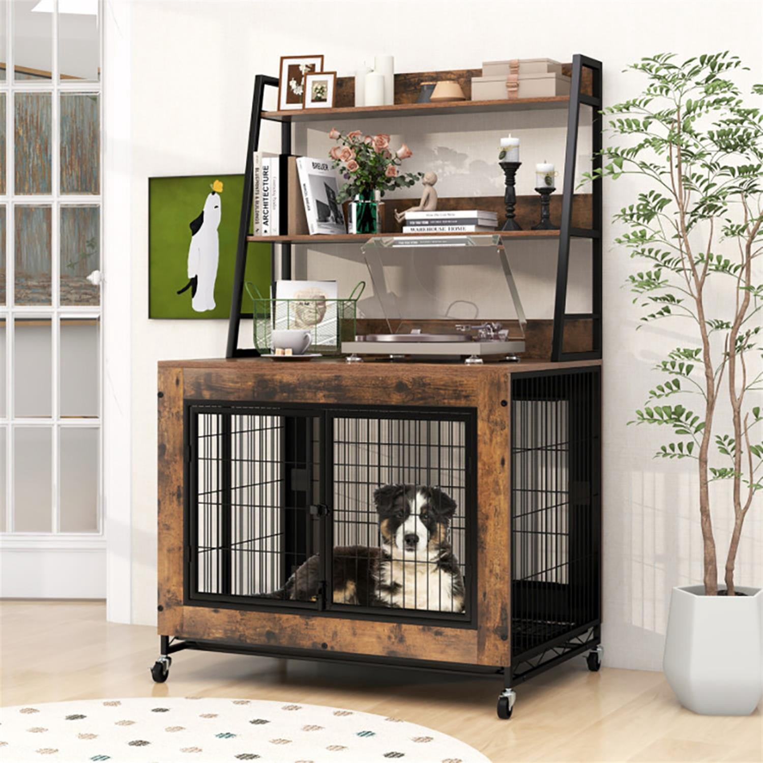 Demi Bonn 38" Industrial Dog Crate Furniture with Storage Shelves, Wooden Kennel Table with Double Doors, Indoor Dog House for Medium Dogs, Brown