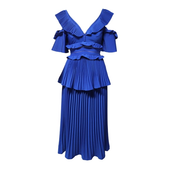 Pre-Owned Self-Portrait Ruffled Tiered Pleated Dress in Blue Polyester