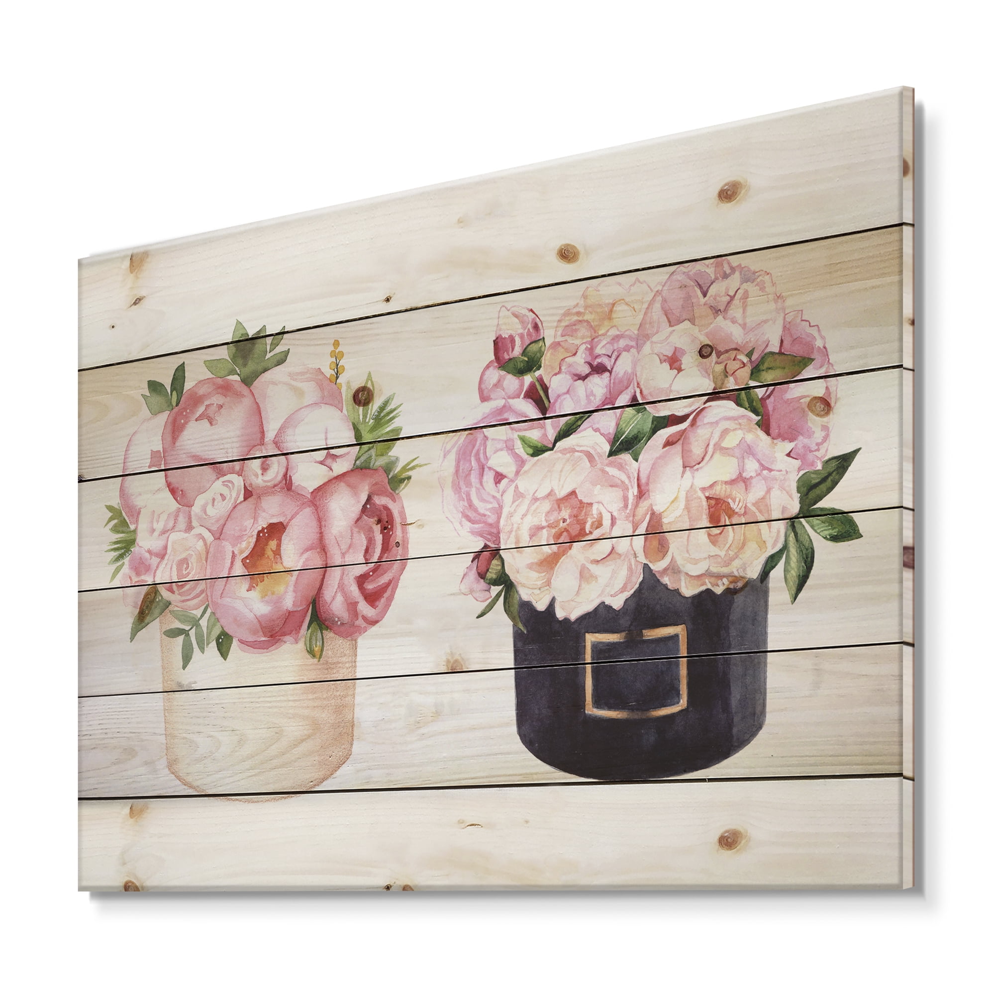 Designart 'Peonies and Rose With Flower Box' Farmhouse Print on Natural Pine Wood