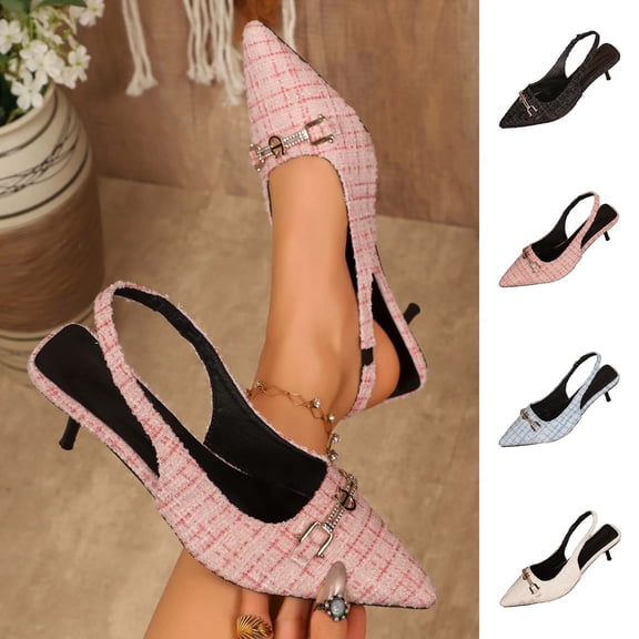 Miluxas Women's Tweed Pointed Toe Slingback Heels, Elegant Metal Buckle Kitten Heel Pumps, Stylish Dress Shoes for Work & Special Occasions Pink 9.5(43)