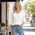thumbnail image 6 of QUALFORT Women's 100% Cotton V-Neck Cable Knit Sweater, Lightweight Long Sleeve Pullover Sweater for Women, White XL, 6 of 9