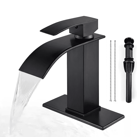 Matte Black Bathroom Faucets, Waterfall Bathroom Sink Faucet Modern Single Handle Bathroom Faucte 1 or 3 Hole, RV Mixer Tap Vanity Faucet - Includes Pop-up Drain Supply Hoses Deck PlateA