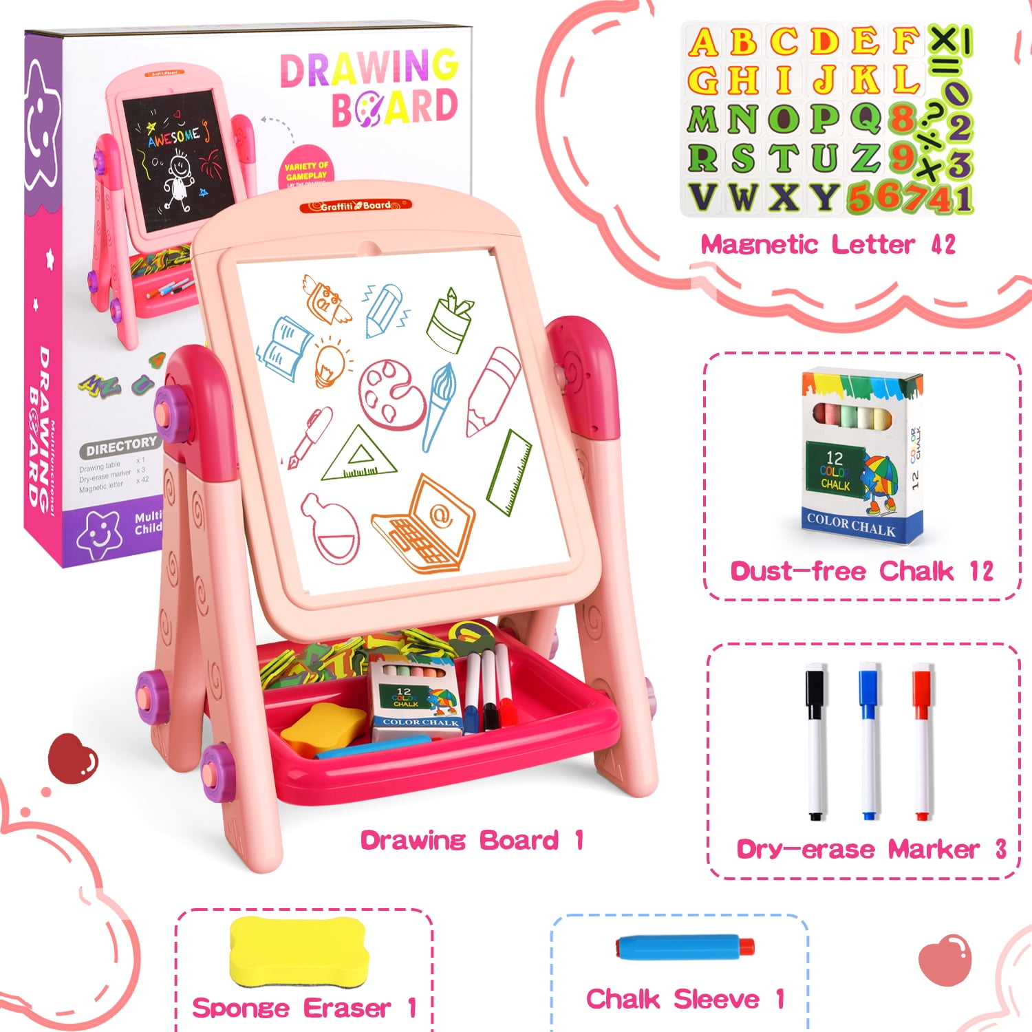 Huge Wave Toddlers Double Sided Magnetic Chalkboard and Whiteboard Art Easel, Pink