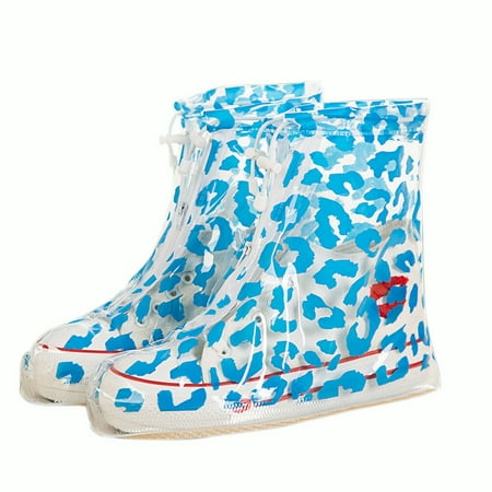 SHOEGIRLS Women Waterproof Shoe Covers Slip-Resistant Reusable Overshoes with Blue Leopard