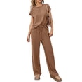 thumbnail image 3 of Women'S Two-Piece Casual Ribbed Knit Short-Sleeved Top, Wide-Leg Pants, Home Wear, Travel Sportswear Brown M, 3 of 6