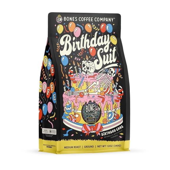 Bones Coffee Company Birthday Suit Ground Coffee Beans Birthday Cake Flavor | 12 oz Flavored Coffee Medium Roast Gourmet Limited Release (Ground)
