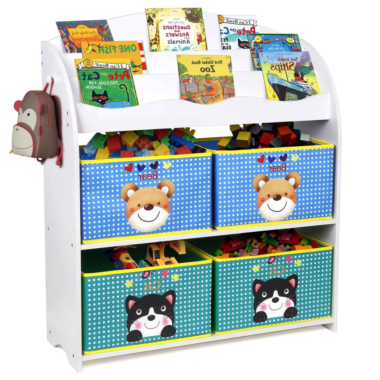 Cartoon Toy Organizer, Bookshelf for Children and Toddlers, Wood and Fabric Toy Box, Multicolor