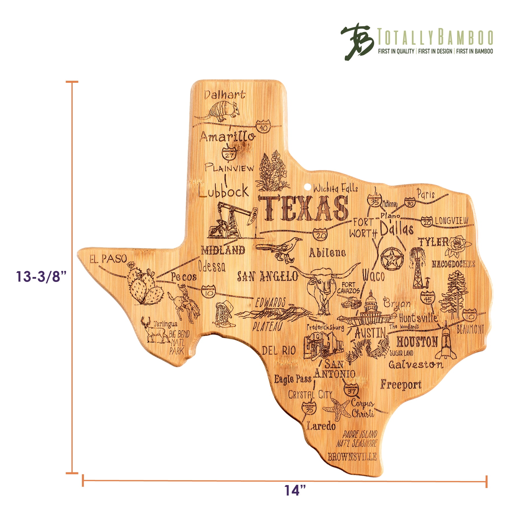 Totally Bamboo Destination Texas State Shaped Serving and Cutting Board, Includes Hang Tie for Wall Display