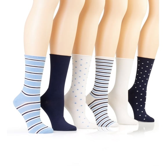 Women's Ralph Lauren L3159 Stripe and Dot Roll Top Trouser Sock - 6 Pack (Sky Blue O/S)