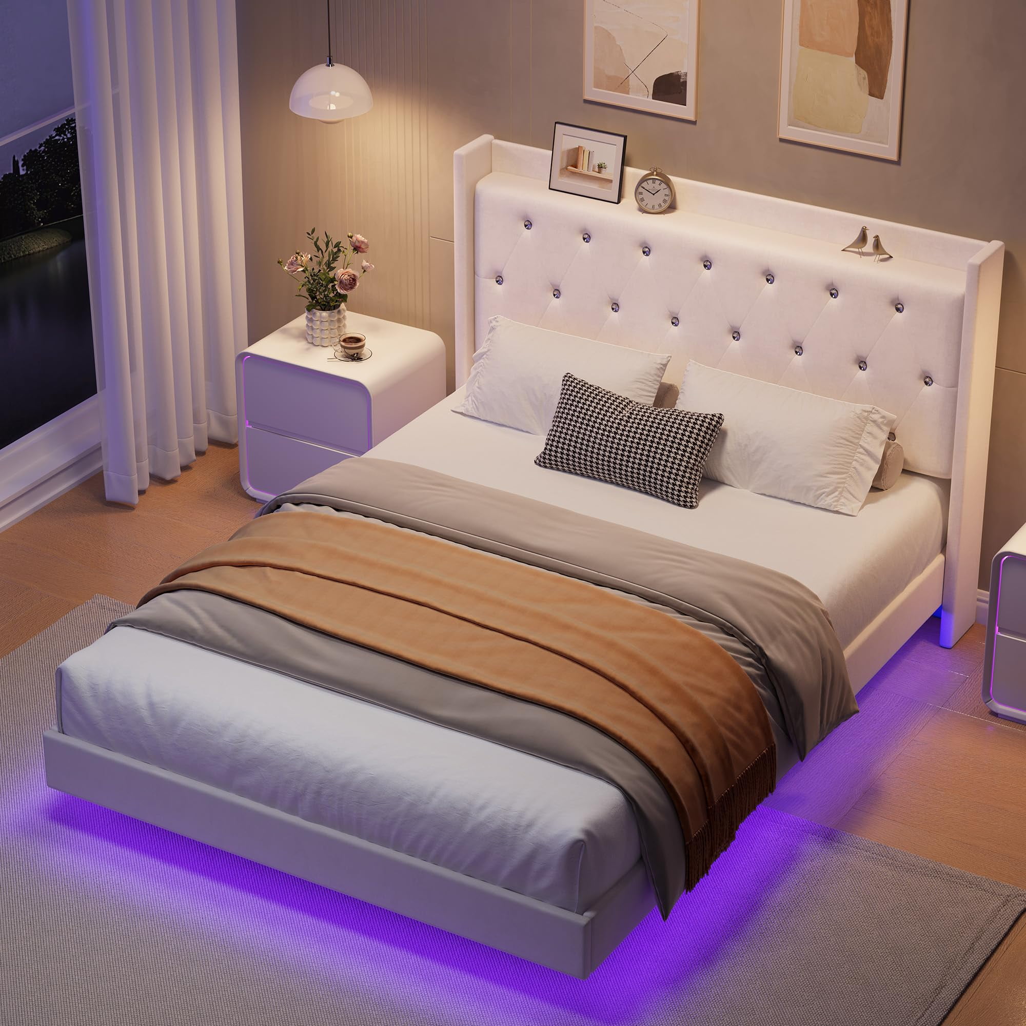 Floating Bed Frame, Queen Bed Frame, Velvet Upholstered Platform Bed with Storage Headboard, RGB LED Light, Wood Slats, Noise Free, Easy Assembly