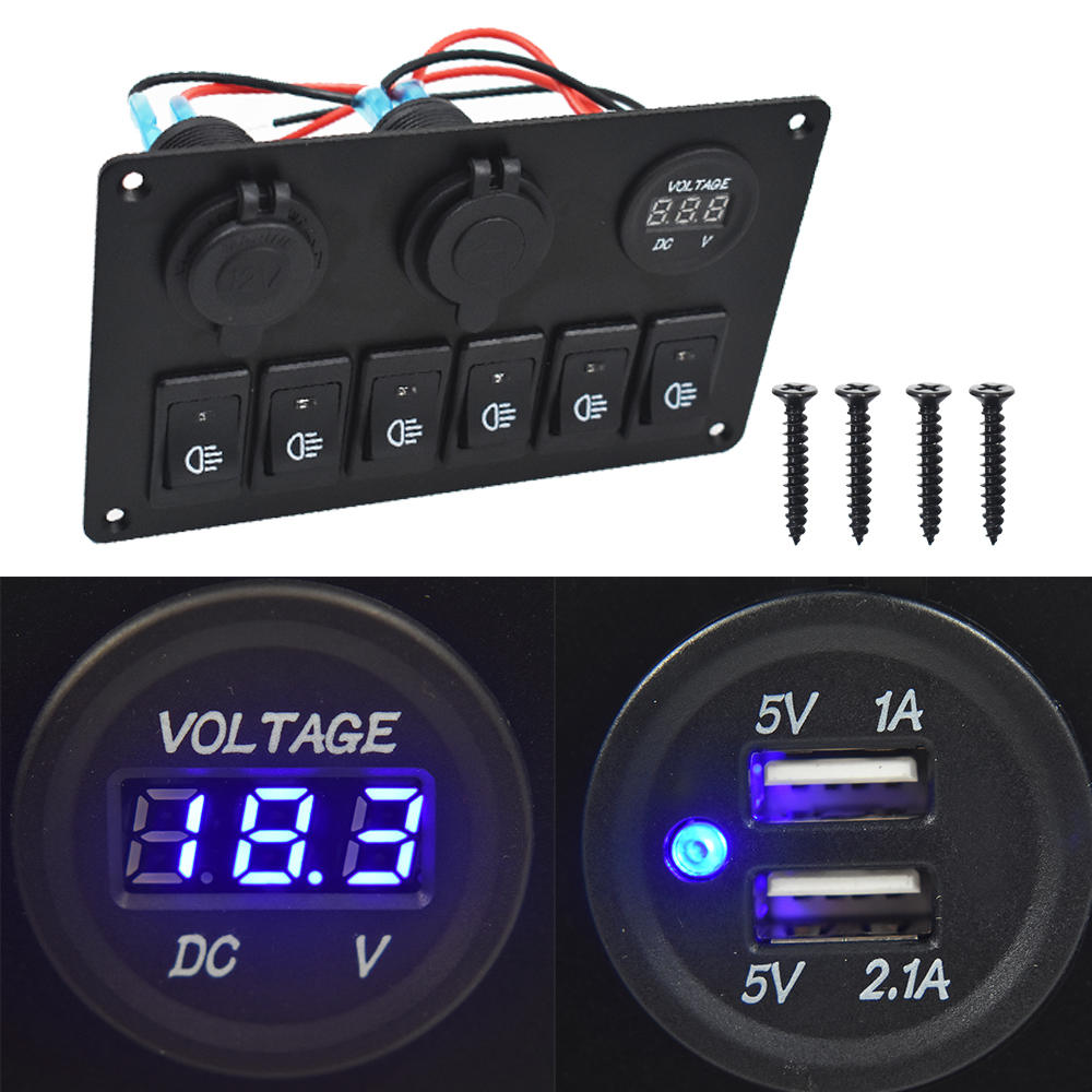 6-Gang Rocker Switch Panel With Green LED – 35A Heavy Duty For Car, Marine, Or Boat
