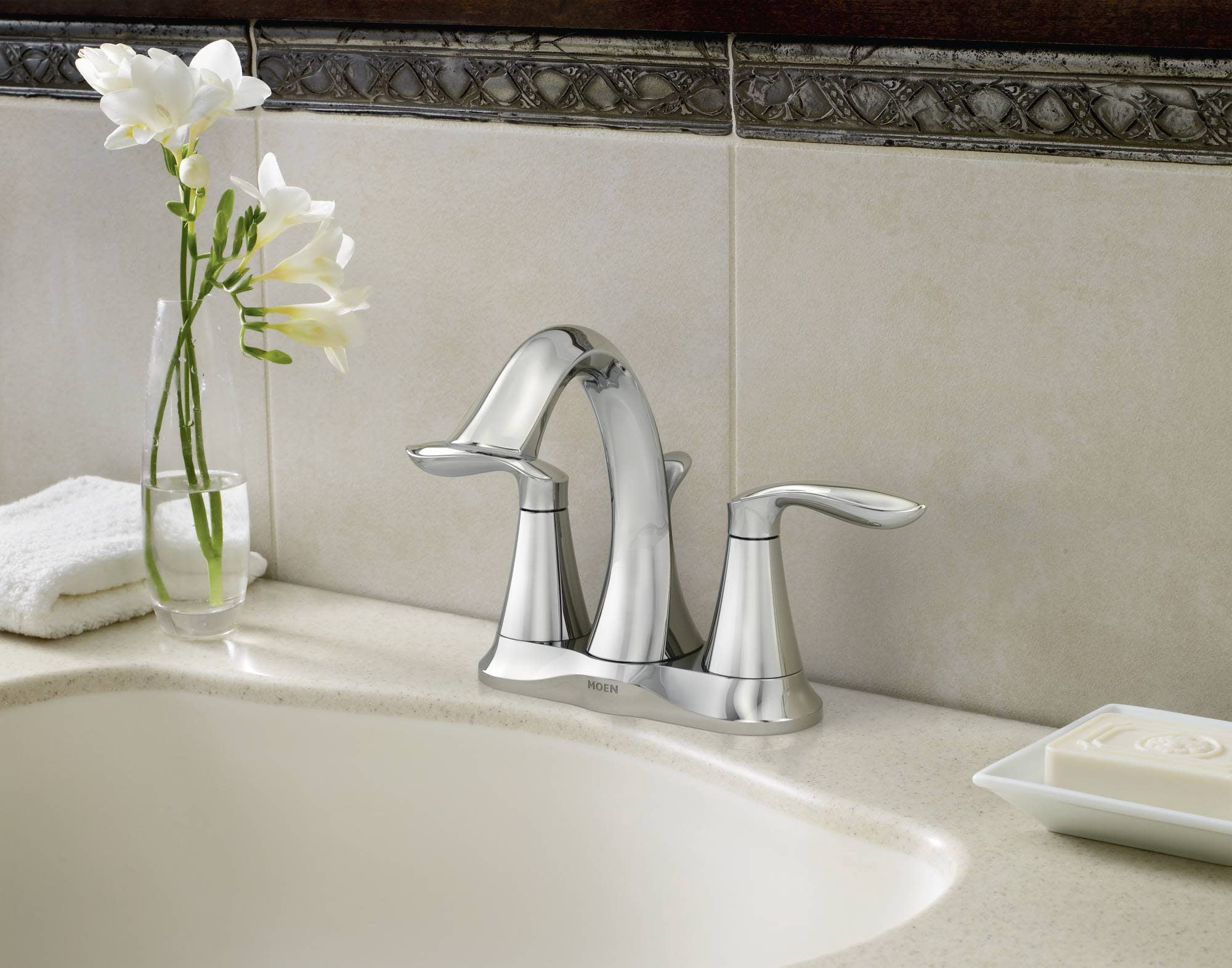 MOEN 6410BN Eva 4 in. Centerset 2-Handle High-Arc Bathroom Faucet in Brushed Nickel