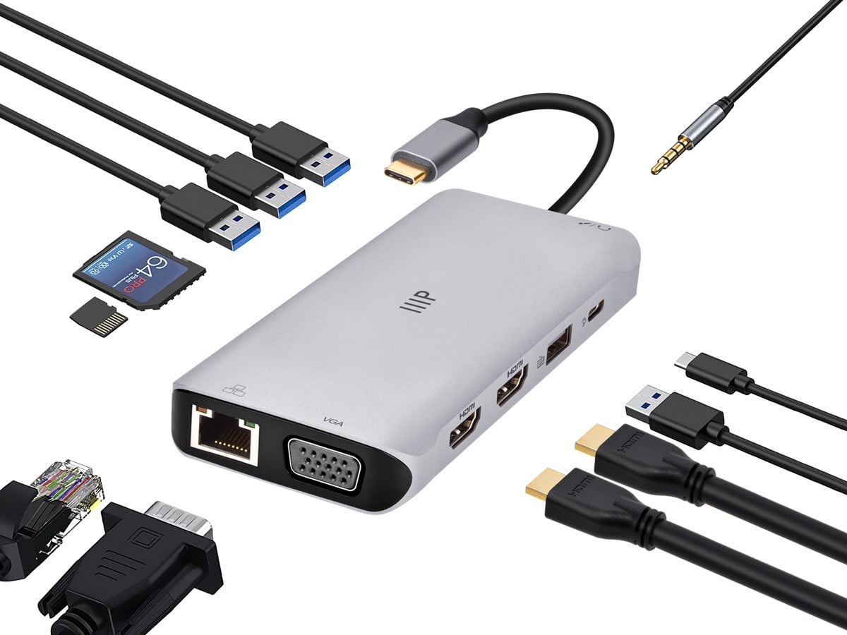Monoprice 12-in-1 Dual-HDMI + VGA MST Triple Monitor Docking Station, Dual 4K HDMI, VGA, 5Gbps USB‑A, Gigabit Ethernet, SD/MicroSD Readers, 100W PD, 3.5mm Dual Audio/Microphone Jack