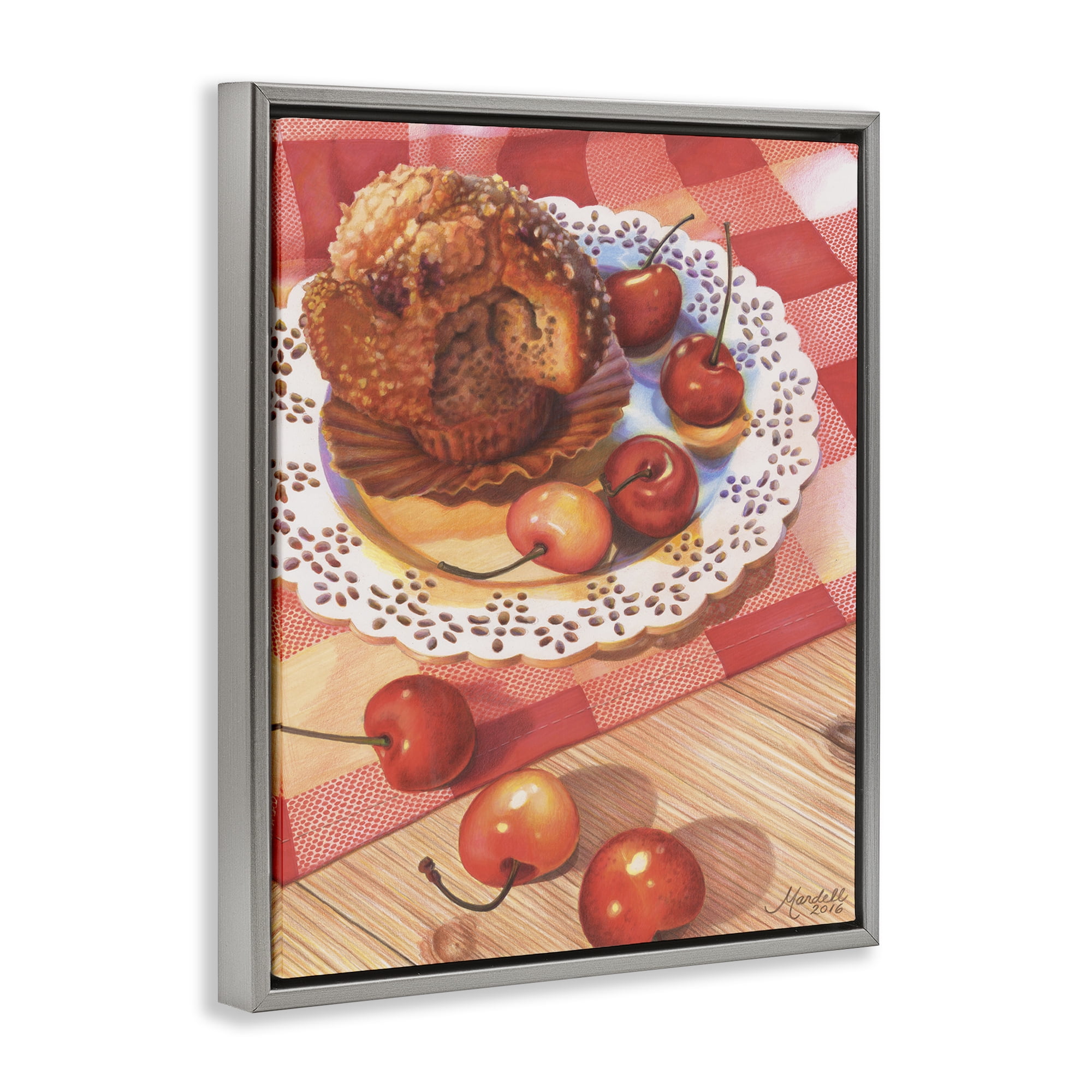 Stupell Industries Country Cherries & Muffin Food & Beverage Painting Gray Floater Framed Art Print Wall Art, 25 x 31