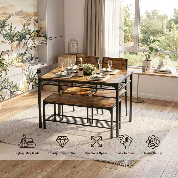 4-Piece Dining Table Set for 4, Kitchen Table with 2 Chairs & Bench, Compact Furniture for Small Space & Apartment Natural wood