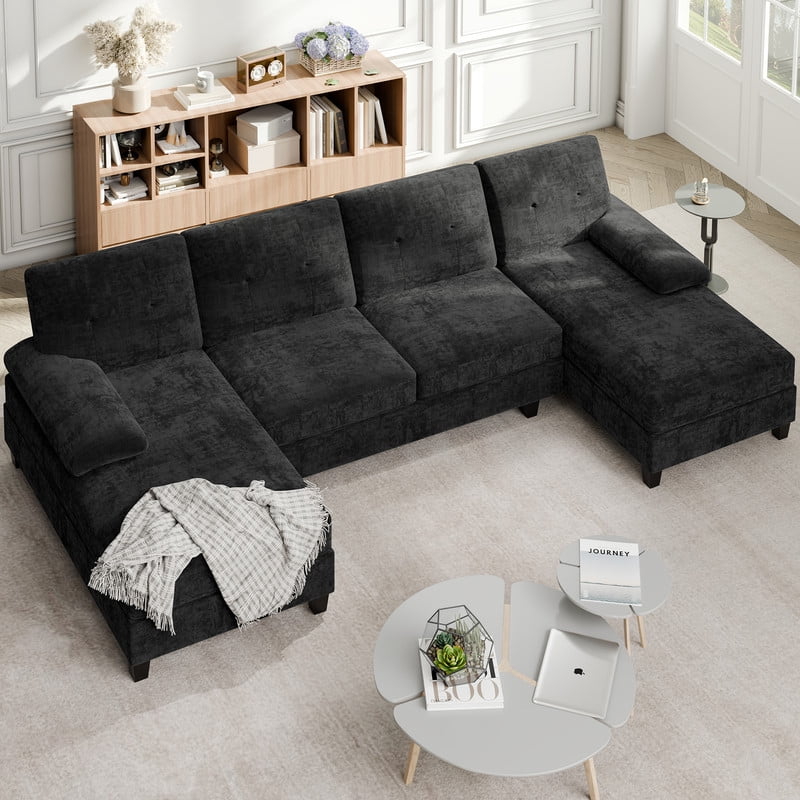 Walsunny U-Shaped Sectional Sofa Couch, 4 Seat U Shaped Oversized Clearance Sofa Set with Double Chaise for Living Room, Black