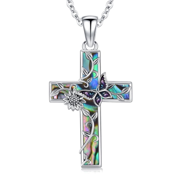 Coachuhhar Sunflower Cross Necklace 925 Sterling Silver Butterfly Pendant Necklace Abalone Jewelry Gifts for Women Mom Birthday