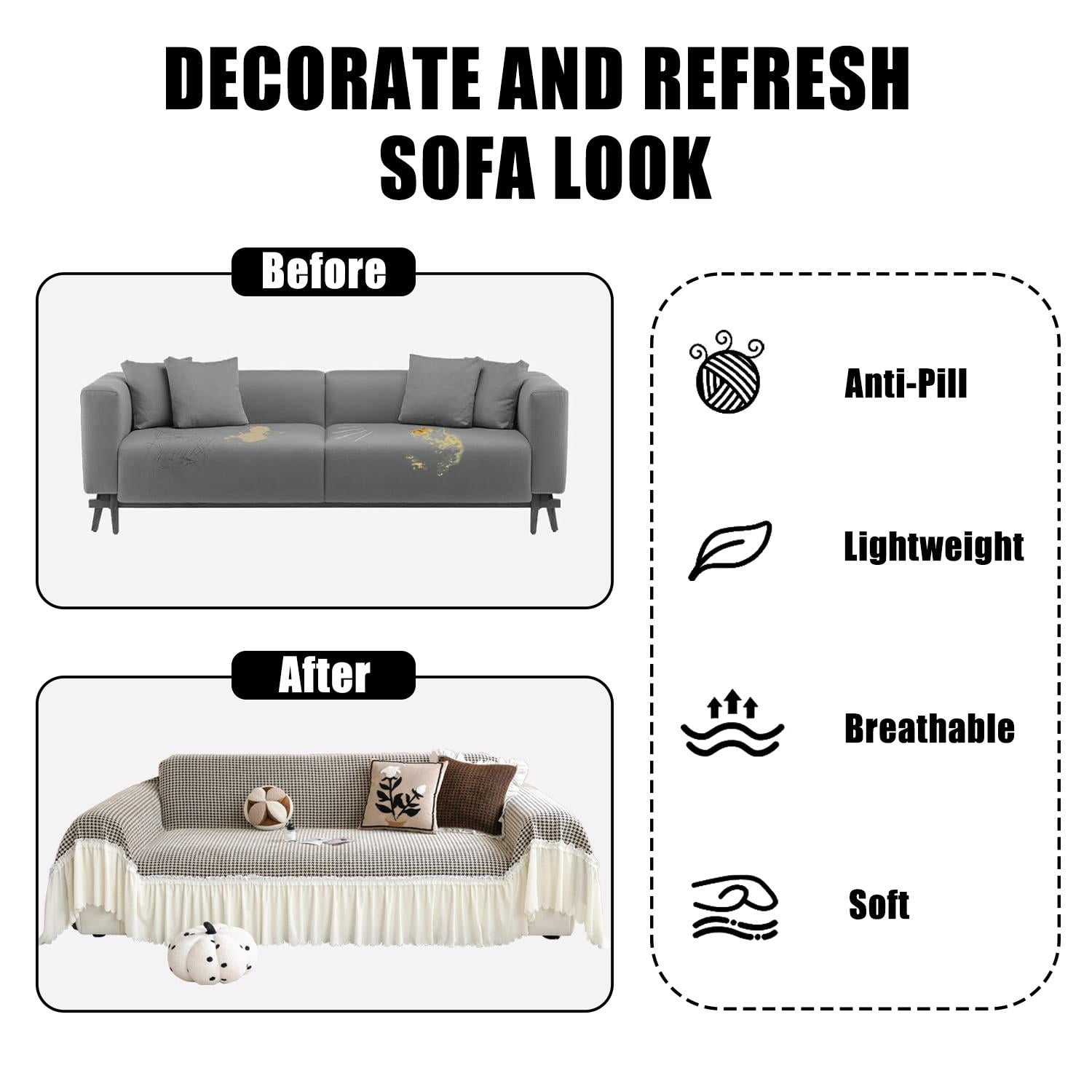 Soft Gingham Couch Cover, Fits 1–4 Cushion Couch. Couch Blankets with Skirt Edge, Machine Washable Furniture Protector
