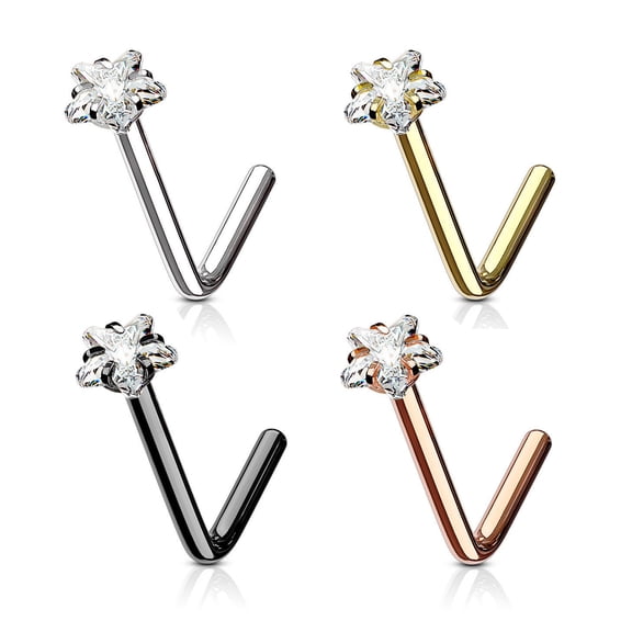 Nose Ring Stud L Bend Shape Surgical Steel Screw Star CZ Gem 1pc 20G 18G 6MM