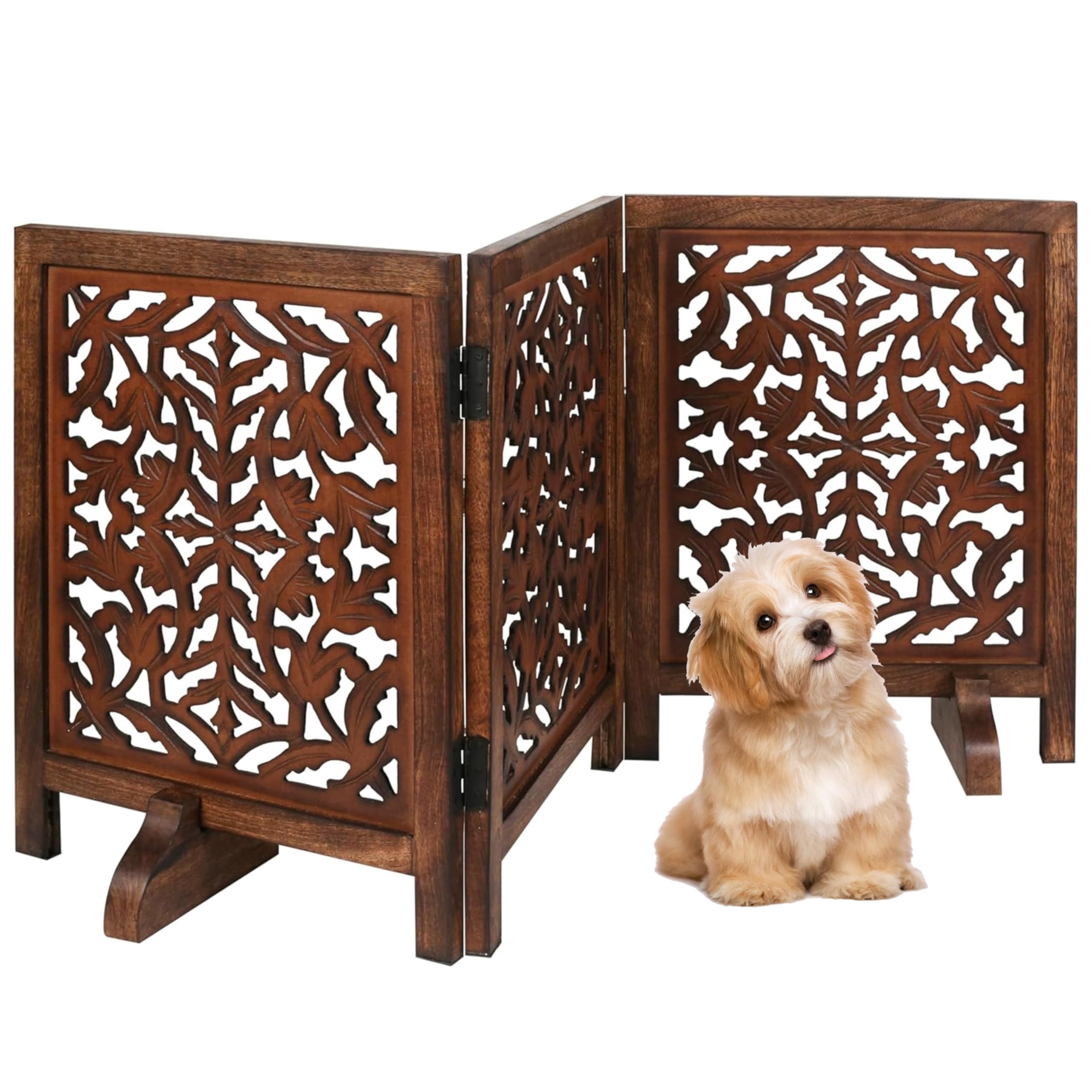 Free Standing Dog Gate – 3 Panel Foldable Wooden pet gate Indoor 54" W x 24" H, Hand-Carved Solid Wood & MDF, Portable Indoor Gate for Doorways, Halls, Stairs – Fully Assembled_Burnt Finish