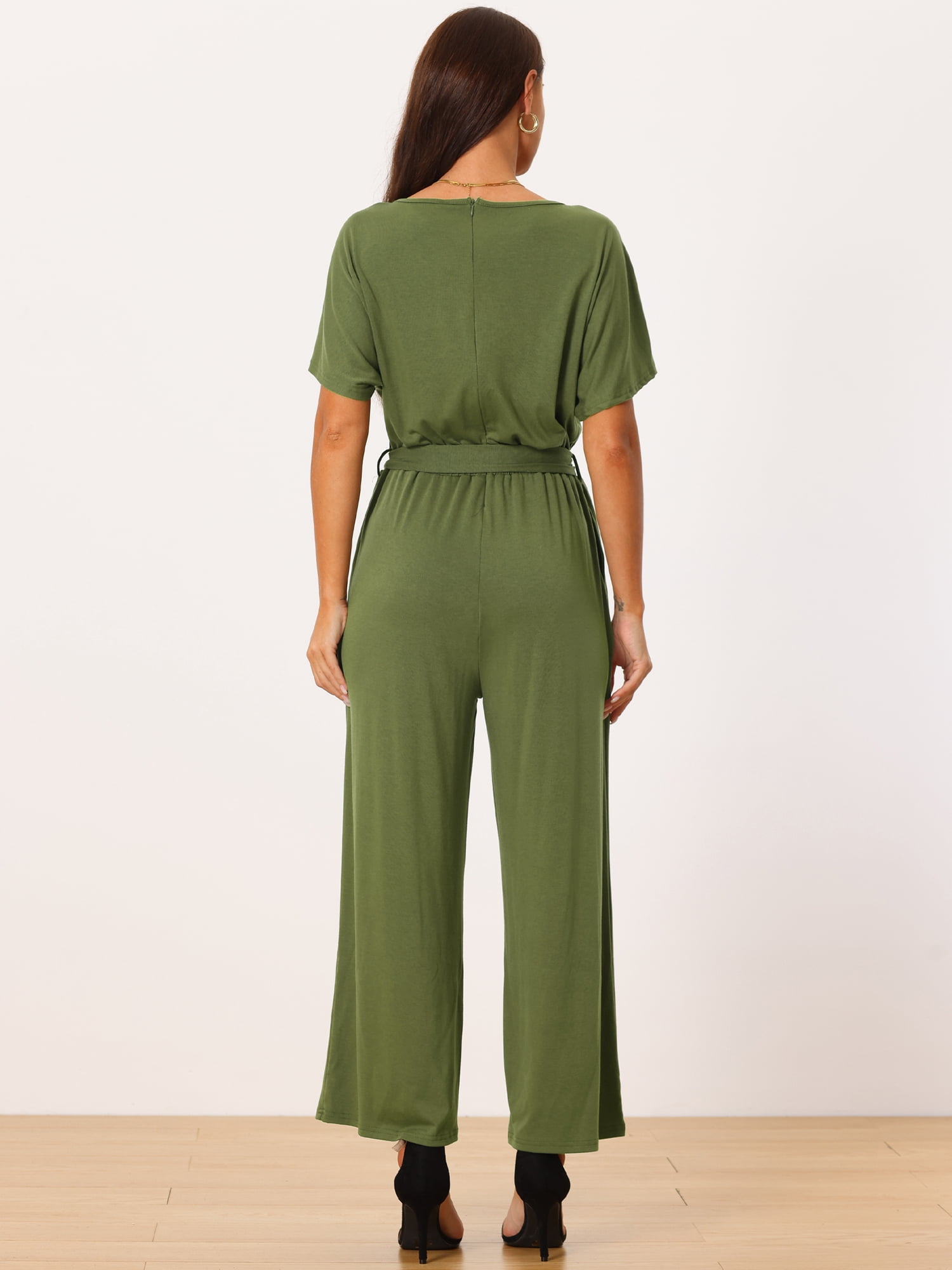 DARING DIVA Women's Short Sleeve Belted High Waist Wide Leg Jumpsuit XL Army Green