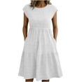 thumbnail image 2 of qolati Women Summer Dresses Crew Neck Cap Sleeve Midi Dresses Casual Ruffle Tiered Smocked Elastic Waist Flowy Sundress Beach Vacation Clothes with Pockets White XXL, 2 of 8
