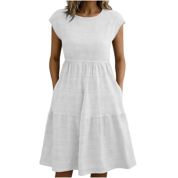 Besolor Summer Dresses for Women Casual Loose Crew Neck Cap Sleeve Dress A-Line Tunic Dresses Texture Fabric Boho Outfit with Pocket