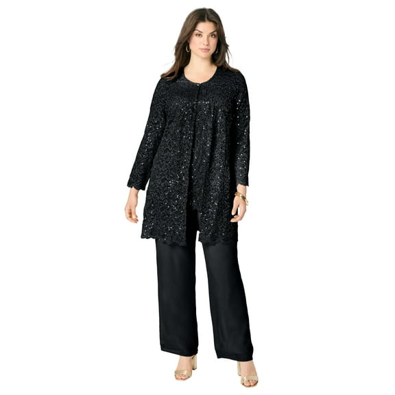 Roaman's Women's Plus Size Plus-Size 3 Piece Allover Sequin Lace Jacket And Tank Pant Set