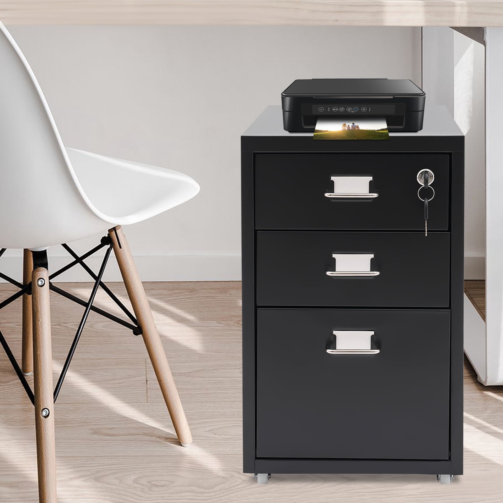 1* Vertical File Cabinet+ 2* Keys+ 4* Wheels, Black 3 Tiers Vertical File Cabinet, Metal Mobile File Cabinet with Lock, Filing Cabinet Under Desk