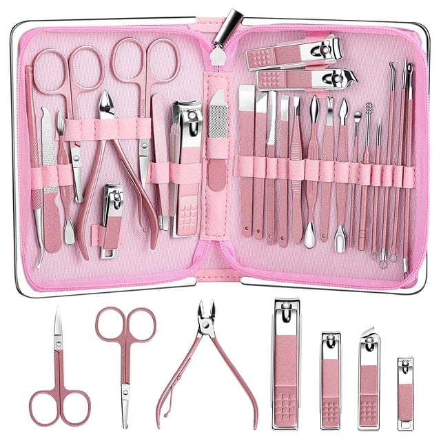 Juego de manicura, juegos de cortauñas, kit de pedicura, herramientas de cuidado de uñas de acero inoxidable, kit de regalo de aseo profesional, 26 piezas (rosa) Namotu WMZL-2100