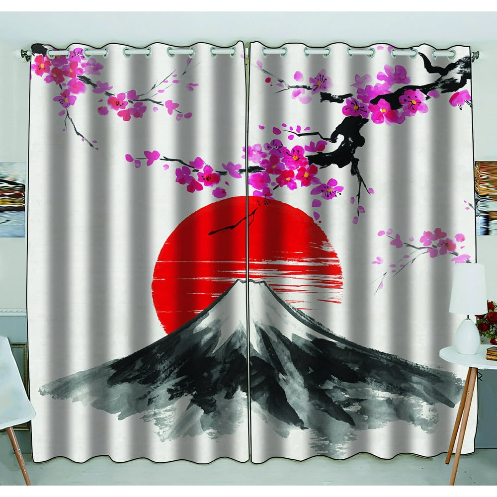 PHFZK Japanese Window Curtain, Sakura Cherry Trees Mountain Fuji Under ...