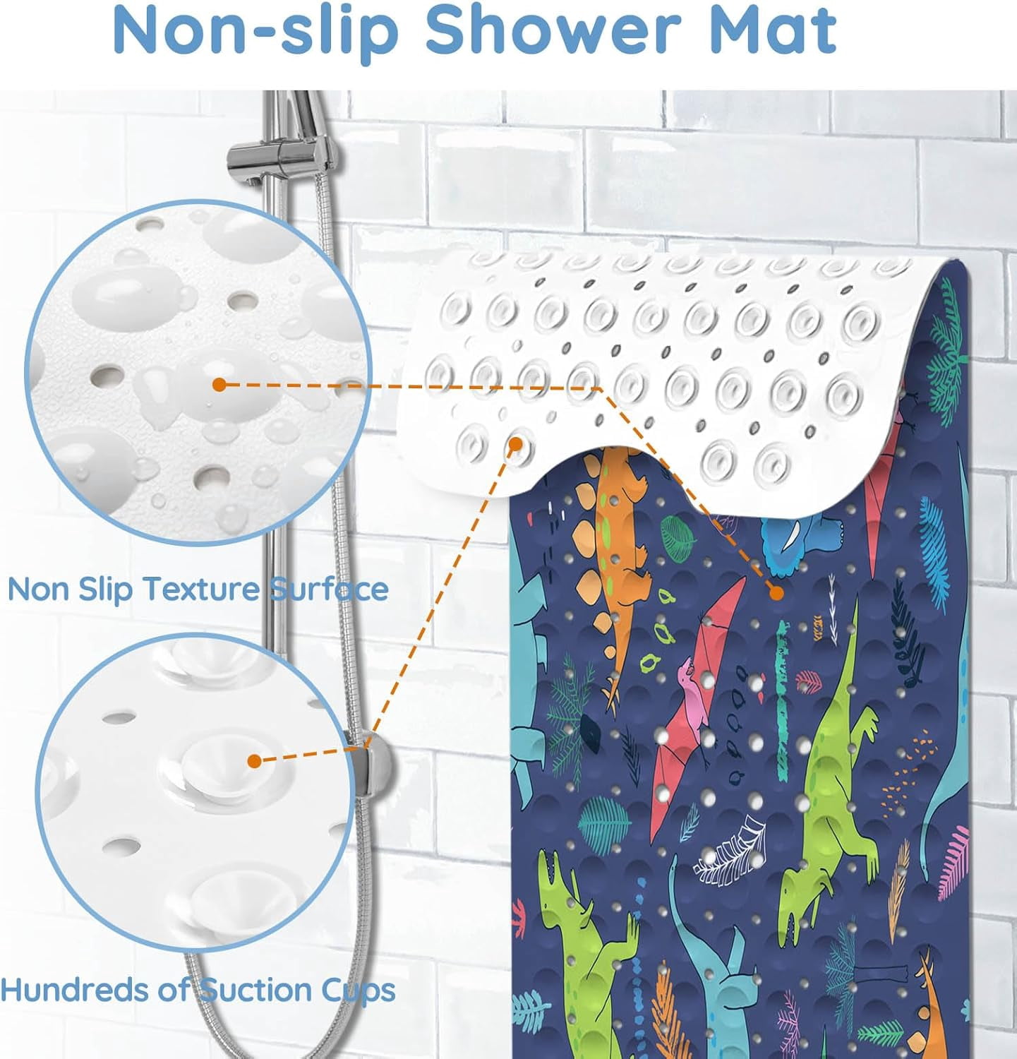 Bathtub Mats for Kids, Cartoon Blue Dinosaur Bath Mat for Tub Non Slip, 40 X 16 Inch Large Washable Bathtub Mat Non Slip for Showers with Drain Holes and Suction Cups
