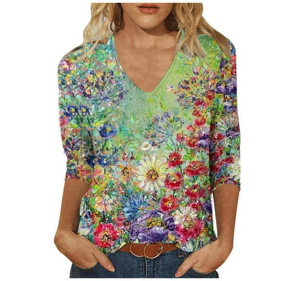 IROINNID Savings Women's Long Sleeve V-Neck Shirts Leisure Printing Loose T-shirt 3/4 Sleeves Blouse V-Neck Tops,Green