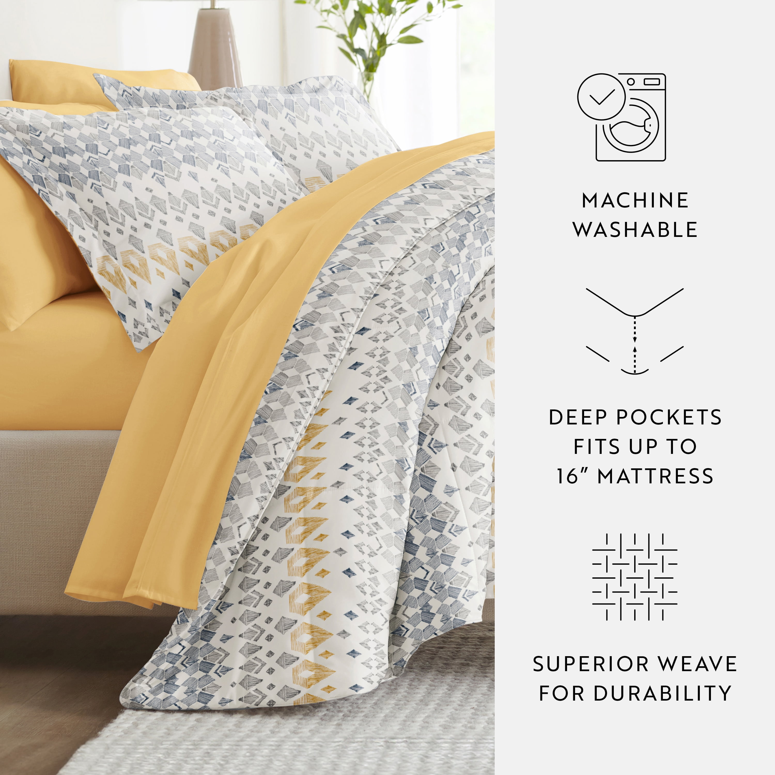 Noble Linens 7 Piece Bedding Bundle, Microfiber Patterned Comforter and Sheet Set, Full