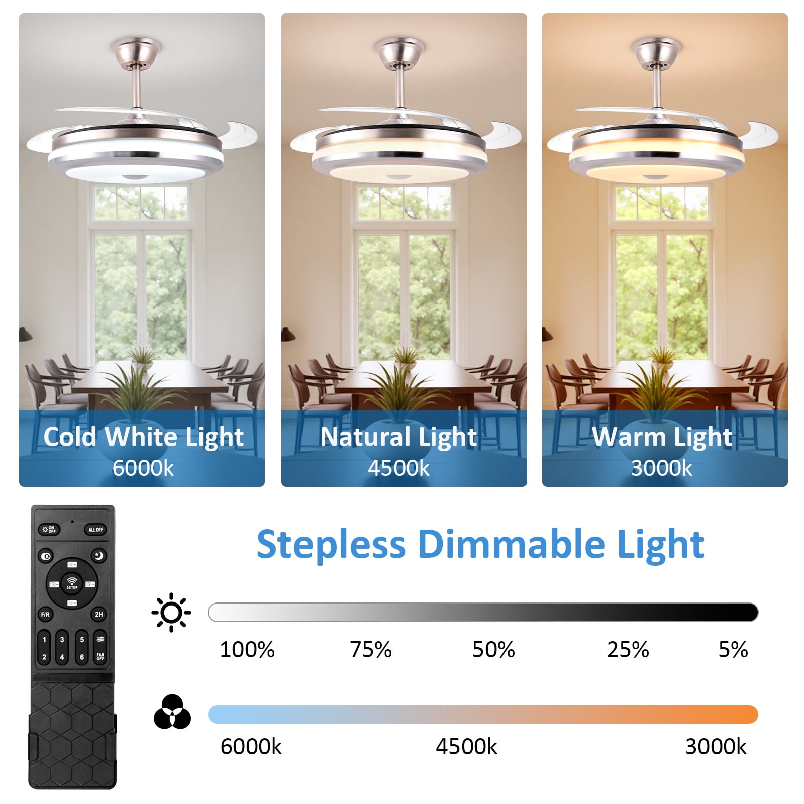Smart Retractable Ceiling Fan with Light, 42 Inch Fandelier Remote Control, 3 Color Temperature Dimmable LED, 6 Speed Quiet Reversible DC Motor for Bedroom Living Room Kitchen