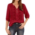 thumbnail image 2 of T Shirts for Women 2026 Summer Vintage Boho 3/4 Sleeve Shirt V Neck Embroidered Casual Tshirt Blouse, 2 of 7