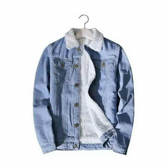 NKZNKZ Jean Jacket For Men Winter Sherpa Denim Casual Jackets Mens Sherpa Fleece Lined Thicken Denim Coat SIZE:L
