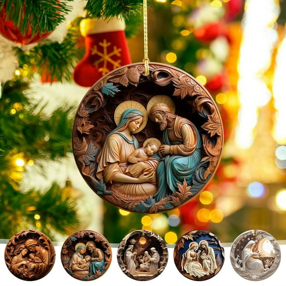 KCEHTA 5 Pcs Nativity Christmas Ornaments, Christmas Nativity Scene Ornaments, Nativity Ornaments for Christmas Tree, Round Acrylic Birth of Jesus Decor Christian Christmas Decorations