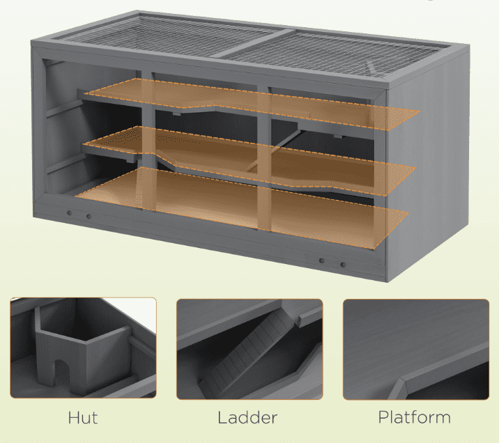 Hamster Cage Extra Large Wooden with Opening Roof, Hut & Ramps - Gray Small Animal Habitat