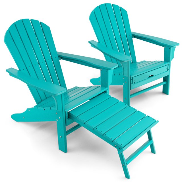 Gymax Ensemble de 2 Chaises Adirondack de Patio Chaise Longue d'Extérieur en HDPE avec Ottoman Rétractable Turquoise