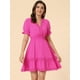 thumbnail image 3 of Mini vestido sólido Allegra K de manga corta con cuello En V y cintura elástica Rosa Caliente S, 3 of 5