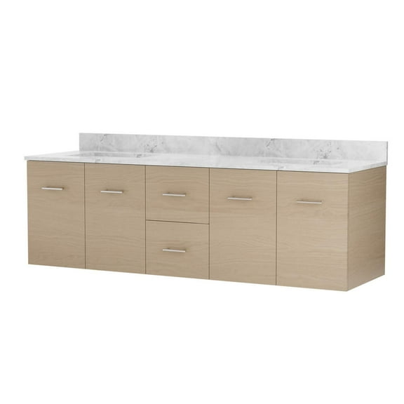 Mia 72 Inch Floating Vanity with Square Undermount Sink - Light Oak / White Carrara Marble