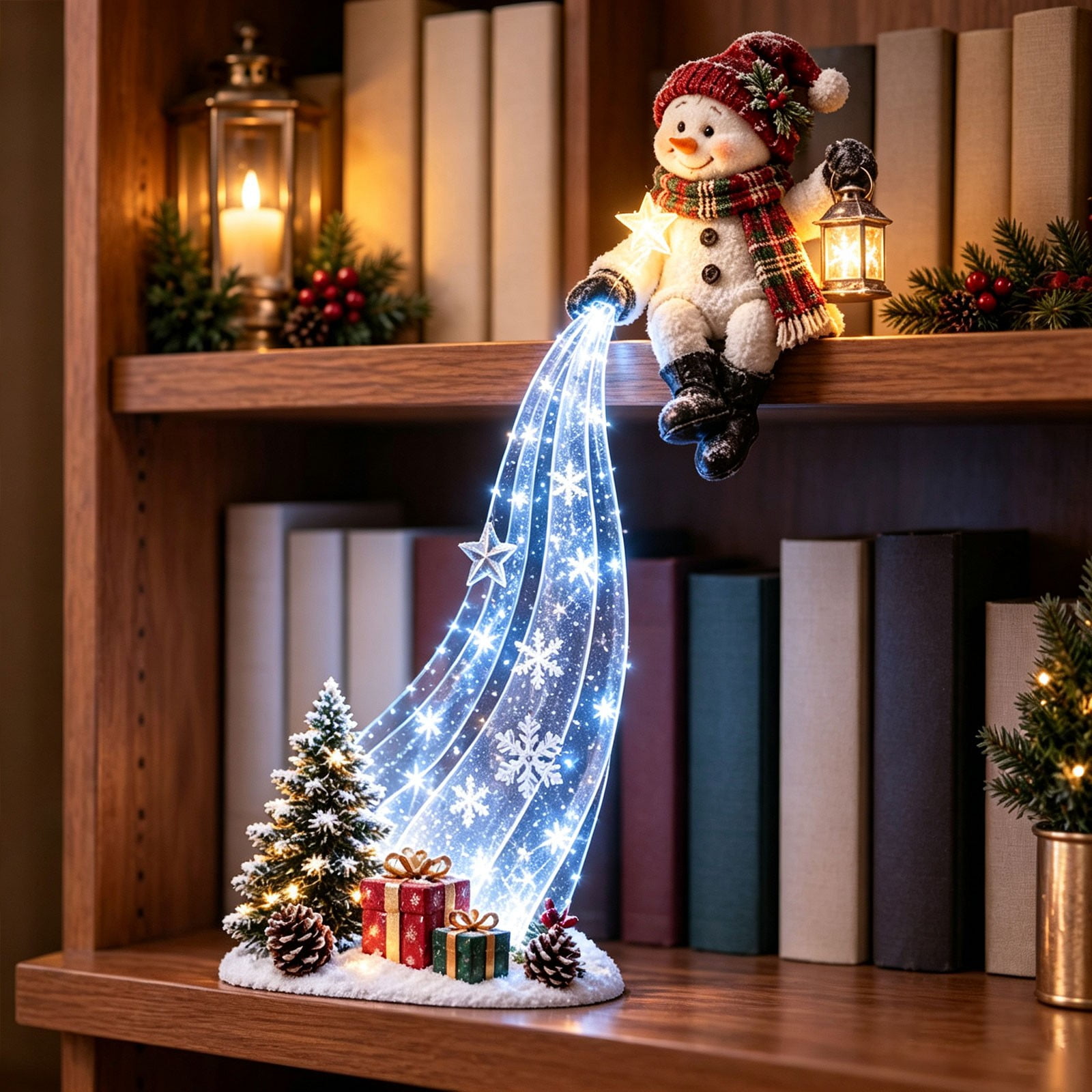 Christmas Shelf-Edge Lighted Scene Decor Christmas Bookshelf Edge Cascading Stream Statue Ornament Resin Holiday Figurine with Cascading Illuminated Panel For Xmas Shelf Tabletop Home Party Display