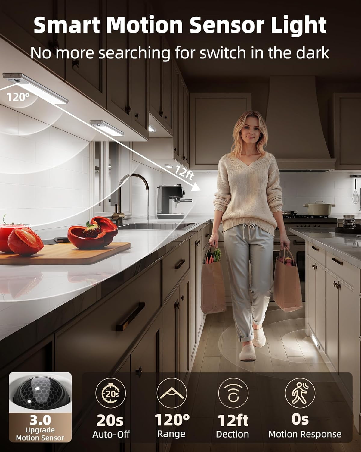 5-Pack Under Cabinet Lighting, 2400mAh Rechargeable Motion Sensor Light, 10inch Magnetic Closet Lights with Dimmable & 3 Color Temps, Wireless Motion Activated Lights with Remote for Kitchen