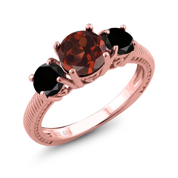 Gem Stone King 2.40 Ct Round Red Garnet Black Diamond 18K Rose Gold Plated Silver 3 Stone Ring (Size 5)