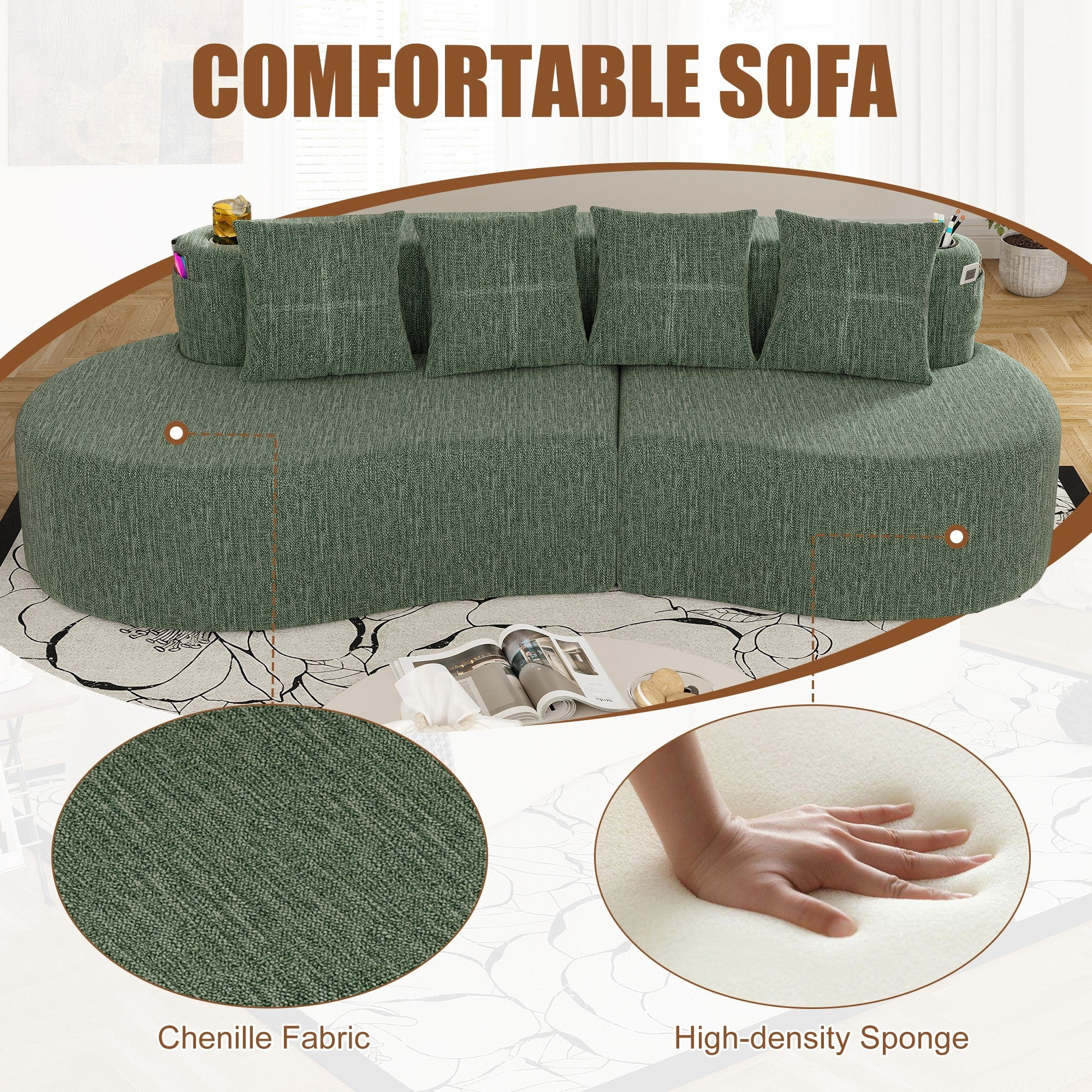Sailvan Modern Curved Sectional 3 Seat Sofa,Minimalist Half Moon Modular Couch for Living Room,Office and Apartment,Soft Chenille Fabric Green