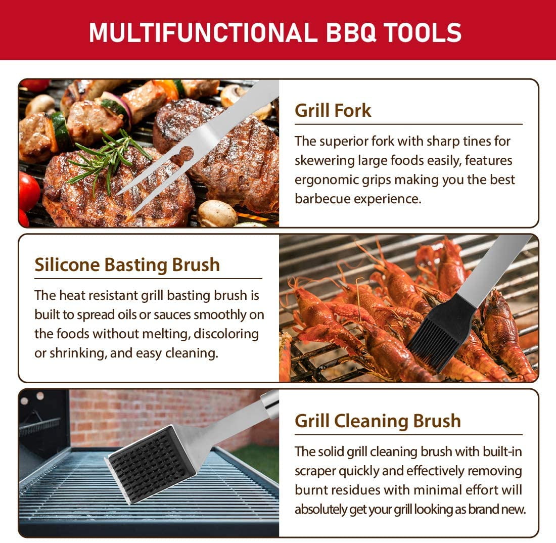 41Pcs BBQ Grill Tool Set with Storage Bag Extra Thick Stainless Steel Spatula Fork & Tongs